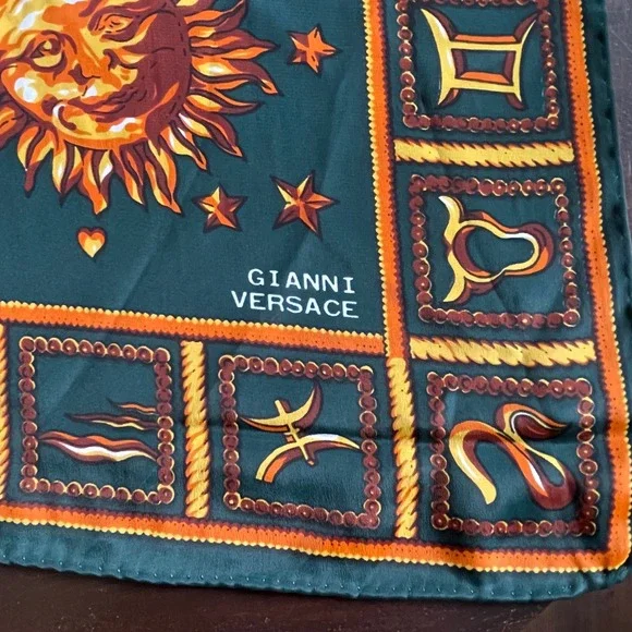Gianni Versace Vintage Silk Scarf Celestial Zodiac Sun Moon Teal Green 34x34 - Picture 2 of 10